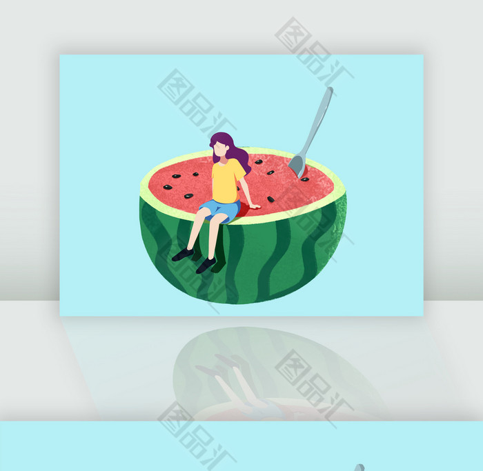 西瓜上的卡通女孩夏至插画 西瓜上的卡通女孩夏至插画