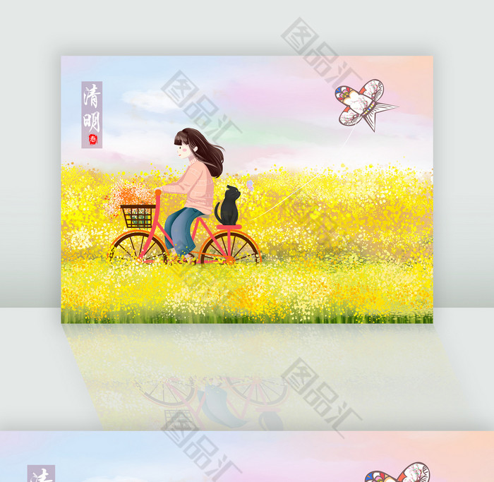 清明踏青卡通女孩骑自行车插画 清明踏青卡通女孩骑自行车插画